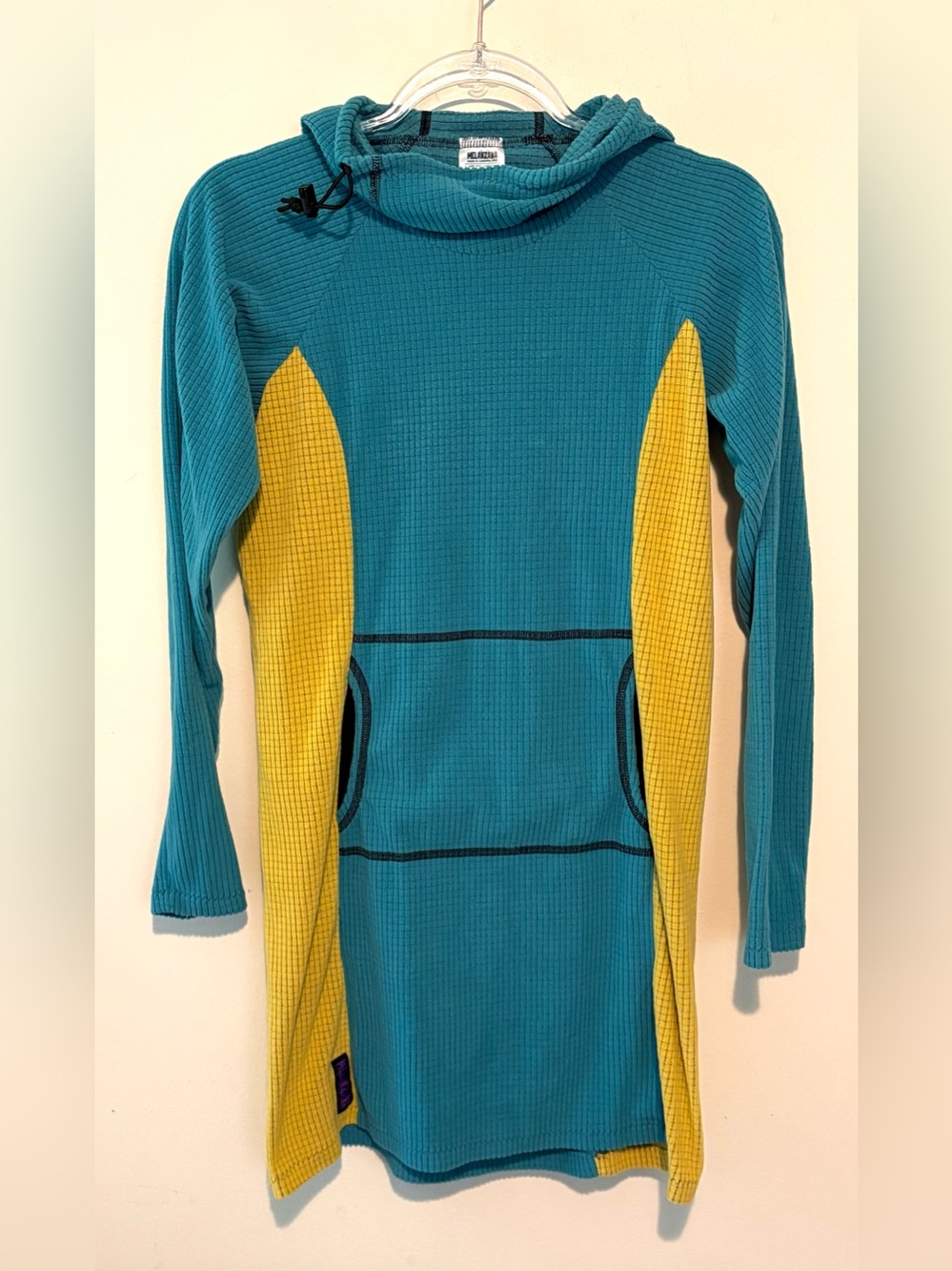Melanzana microgrid fleece dress in blue and yellow